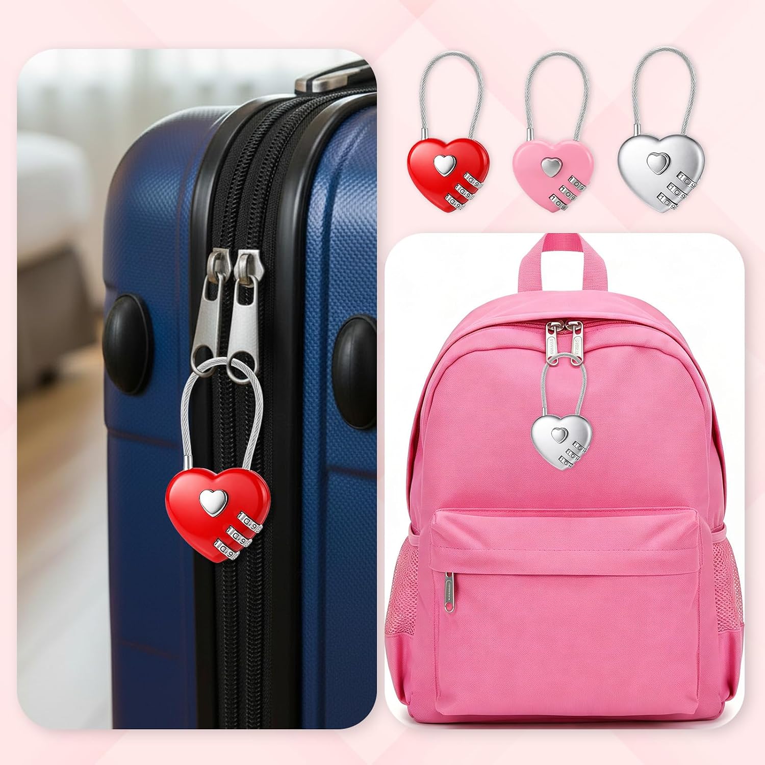 Cable Lock Combination - Pink Heart-Shaped 3-Digit Combination Cable Lock